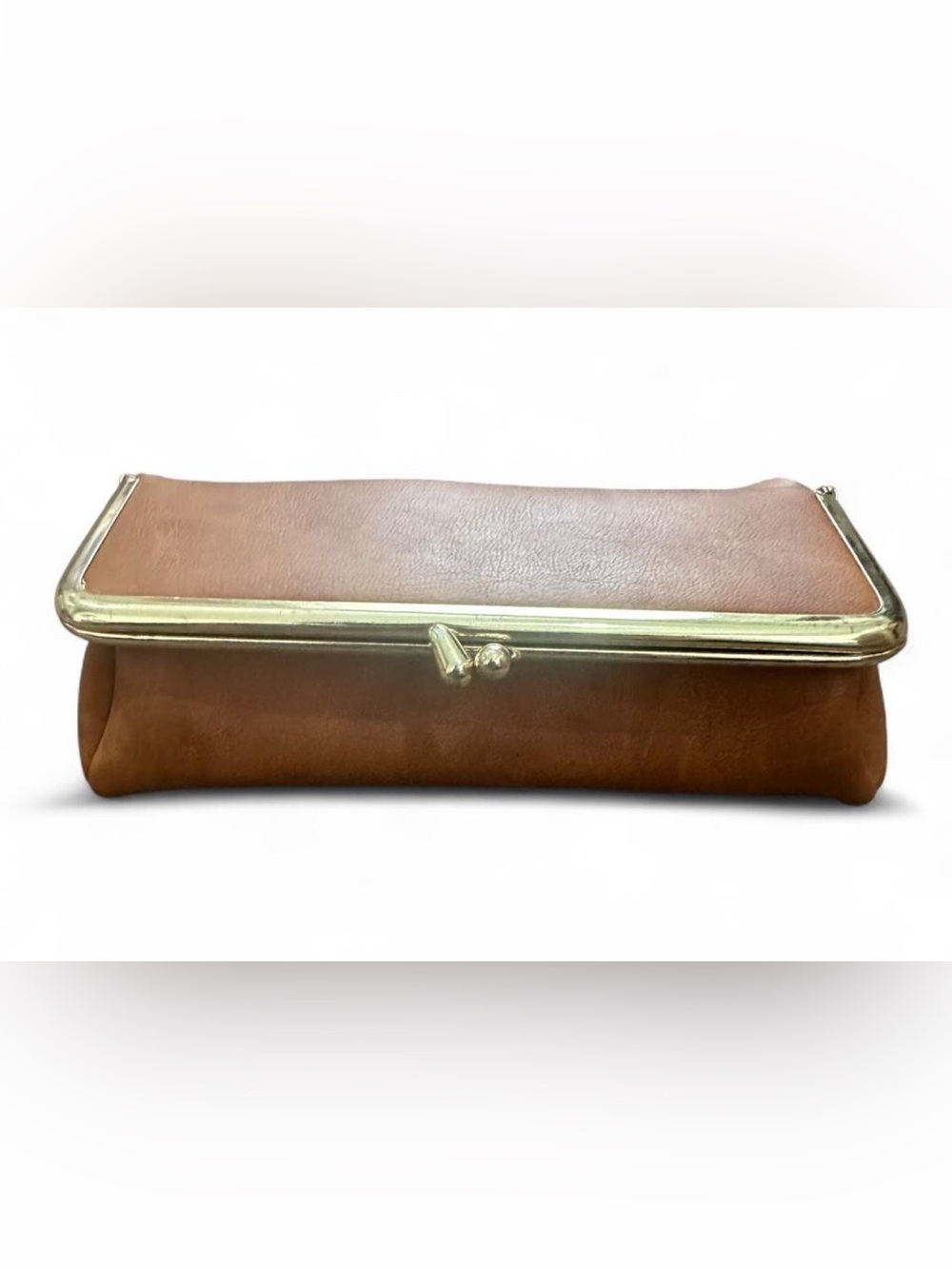 Vintage Brown Leather Clutch Purse Gold Kiss Lock Built In Mirror Cosmetic Bag